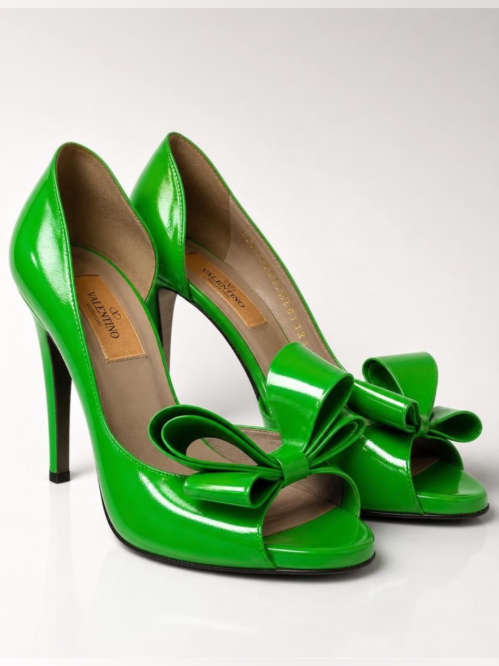 Valentino Patent Leather Peep-Toe Bow Pumps, Apple Green, EUC, 36.5